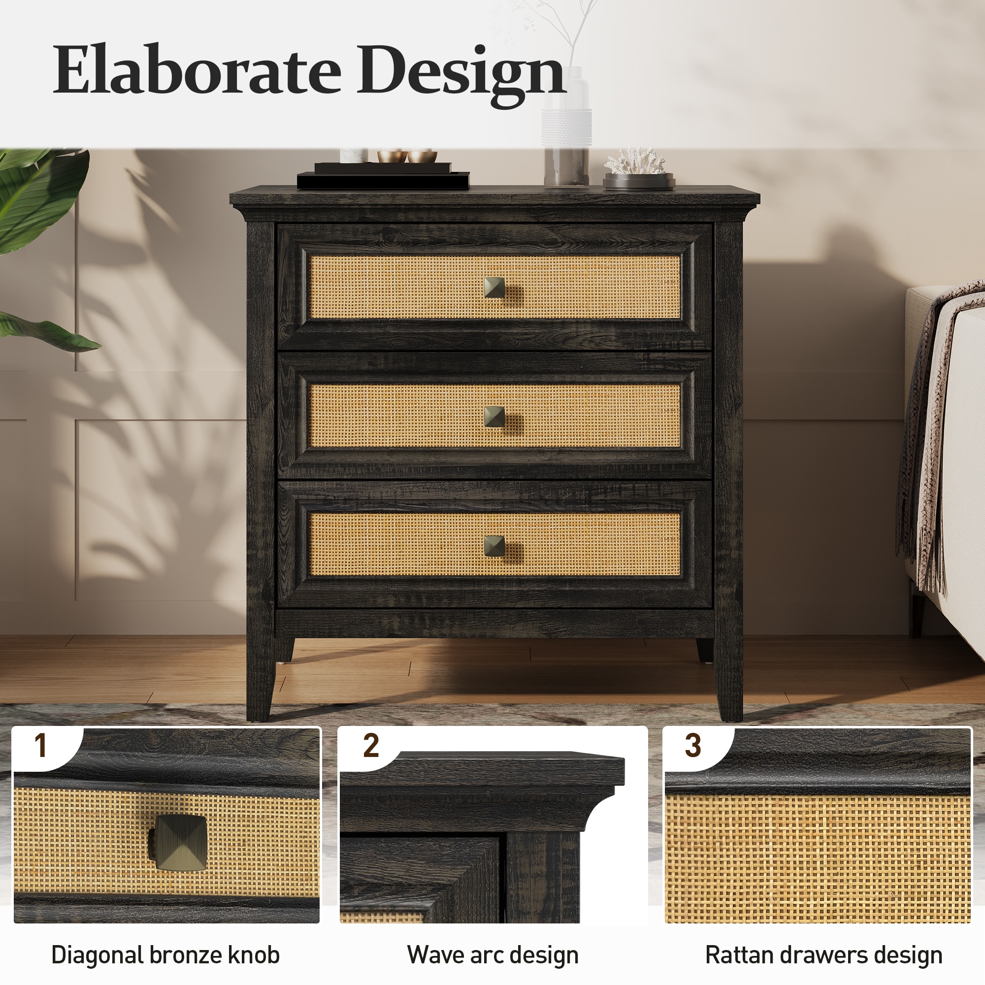 3 Drawer Dresser Rattan Dresser Wood Chest Of Drawers Farmhouse Closet Dressers Modern Bedside Table Rustic Nightstand Storage Cabinet For Bedroom, Hallway, Living Room, Dark Rustic Oak_maomaolike.com